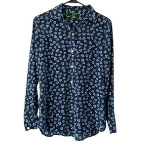 C. Wonder Button-Down Silk Blouse | XS | Navy Blue Heart Print